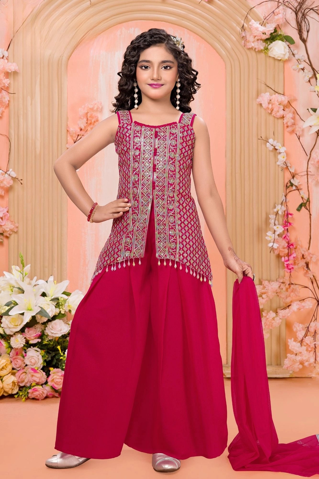 Pink Embroidered Palazzo Set for Girls