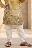 Mustard Scenic Print Kurta with Cream Pajama Set For Boys