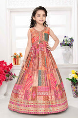 Multicolor Printed Gown With Sequin Work For Girls