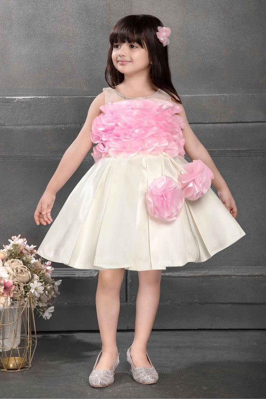 Stylish Pink And Cream Ruffled Frock For Girl
