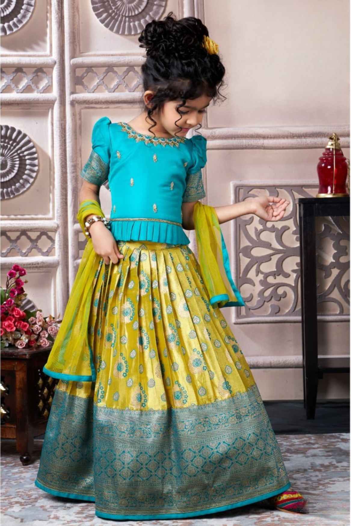Blue And Mustard Brocade Pattu Pavadai Set For Girls