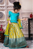 Blue And Mustard Brocade Pattu Pavadai Set For Girls