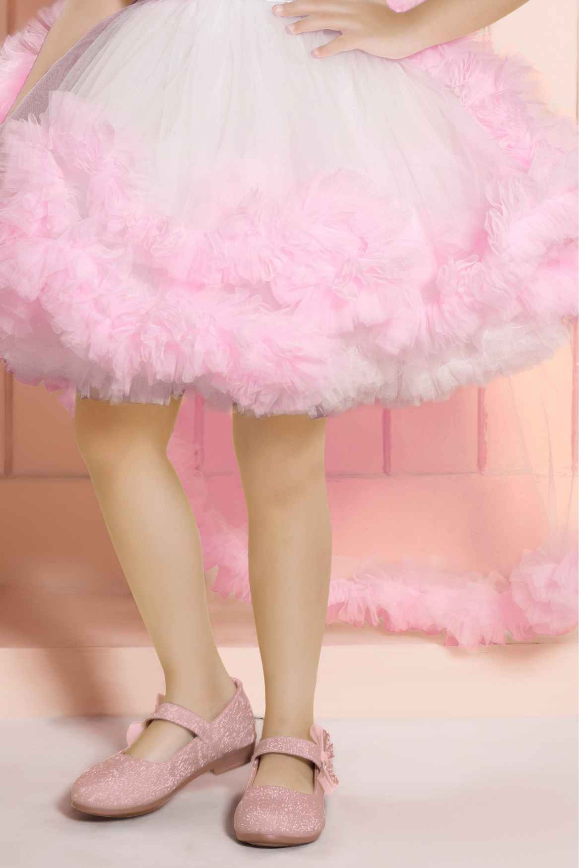 White And Pink Layered Party Frock With 3D Floral Embellished For Girls