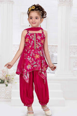 Rani Pink Printed, Embroidered And Sequined Kurta With Harem Bottom For Girls