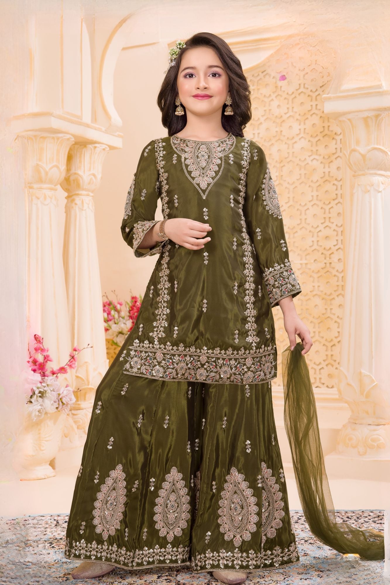 Olive Green Embroidered Palazzo Set for Girls