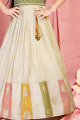 Pastel Green And Cream With Sequins Embroidery Pattu Pavadai Set For Girls
