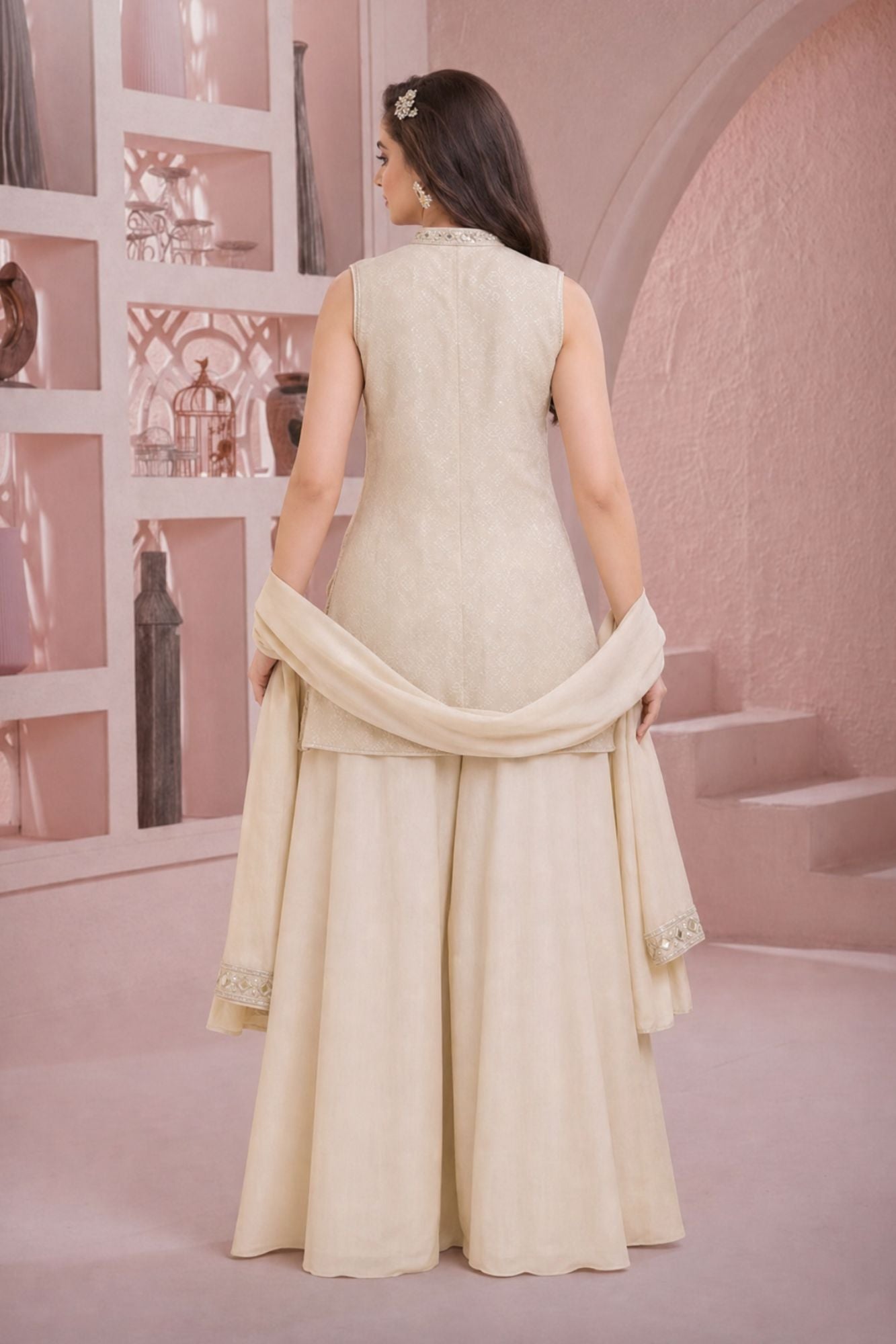 Cream Mirror Embellished Palazzo Set With Dupatta