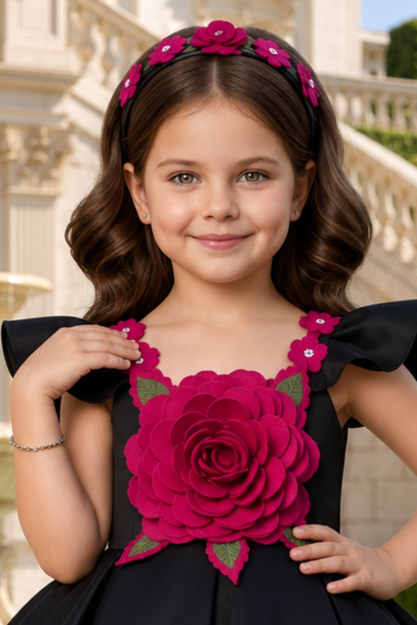 Girls Black Party Wear Frock with 3D Rose Applique Detailing