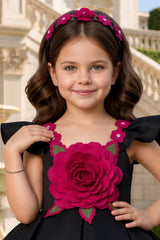 Girls Black Party Wear Frock with 3D Rose Applique Detailing