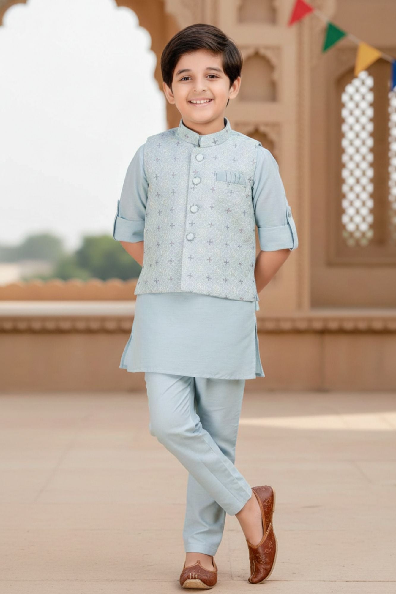 Sky Blue Full Sleeves Kurta With Embroidered Waist Coat Set For Boys