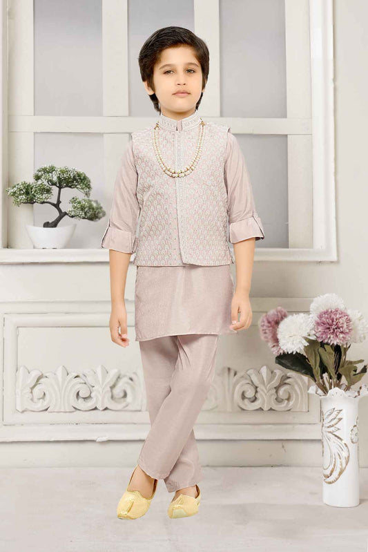 Classic Dusty Pink Kurta Set With Embroidered Overcoat For Boys