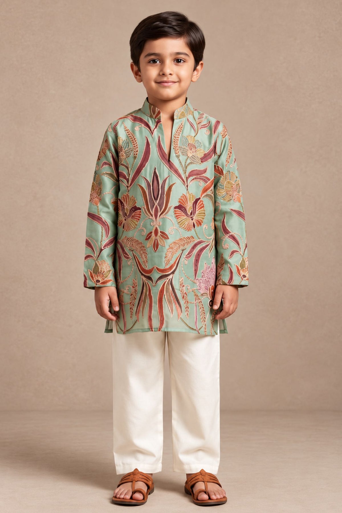 Boys Elegant Pista Green Floral Printed Kurta Set