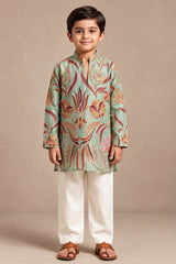 Boys Elegant Pista Green Floral Printed Kurta Set