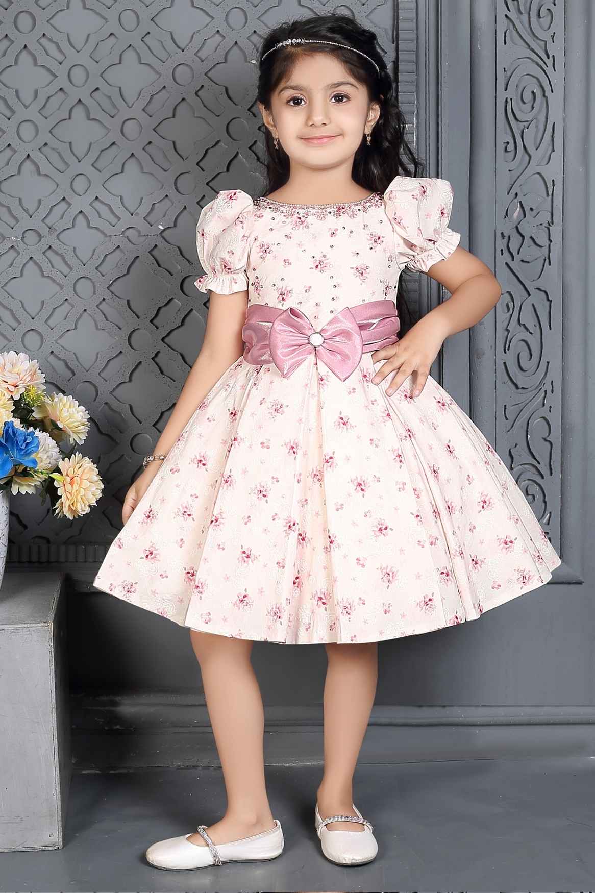 Pink Printed Frock With Bow Embellished For Girls