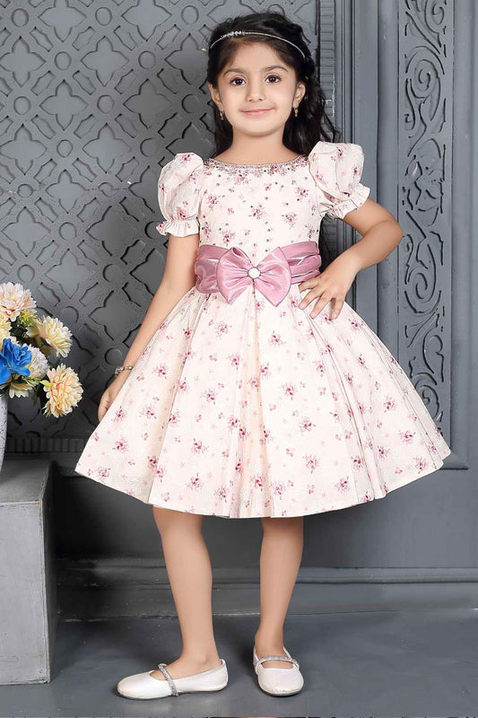 Pink Printed Frock With Bow Embellished For Girls