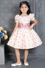 Pink Printed Frock With Bow Embellished For Girls