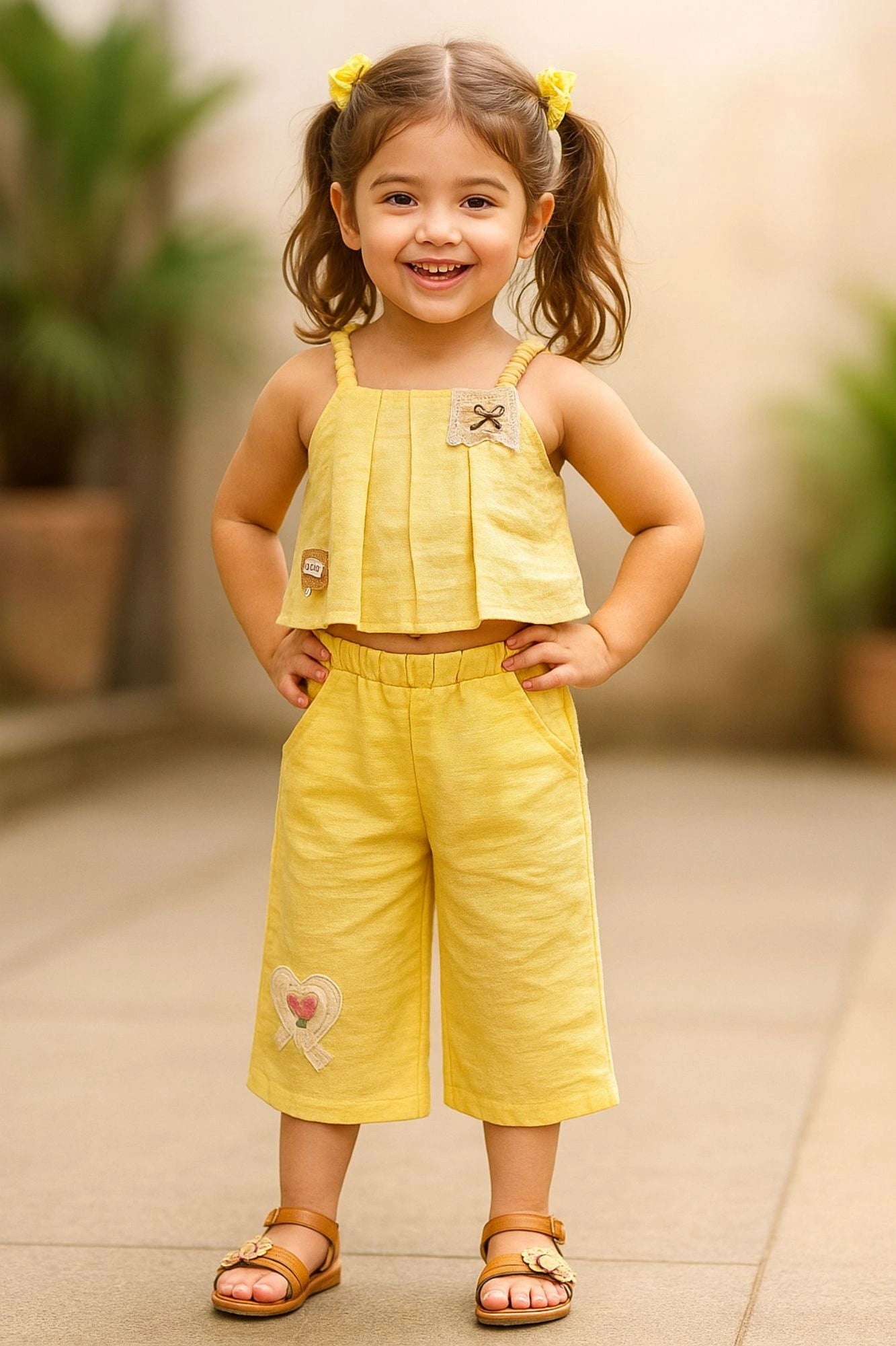 Sunshine Yellow Co-ord Set with Crop Top & Culottes For Girls