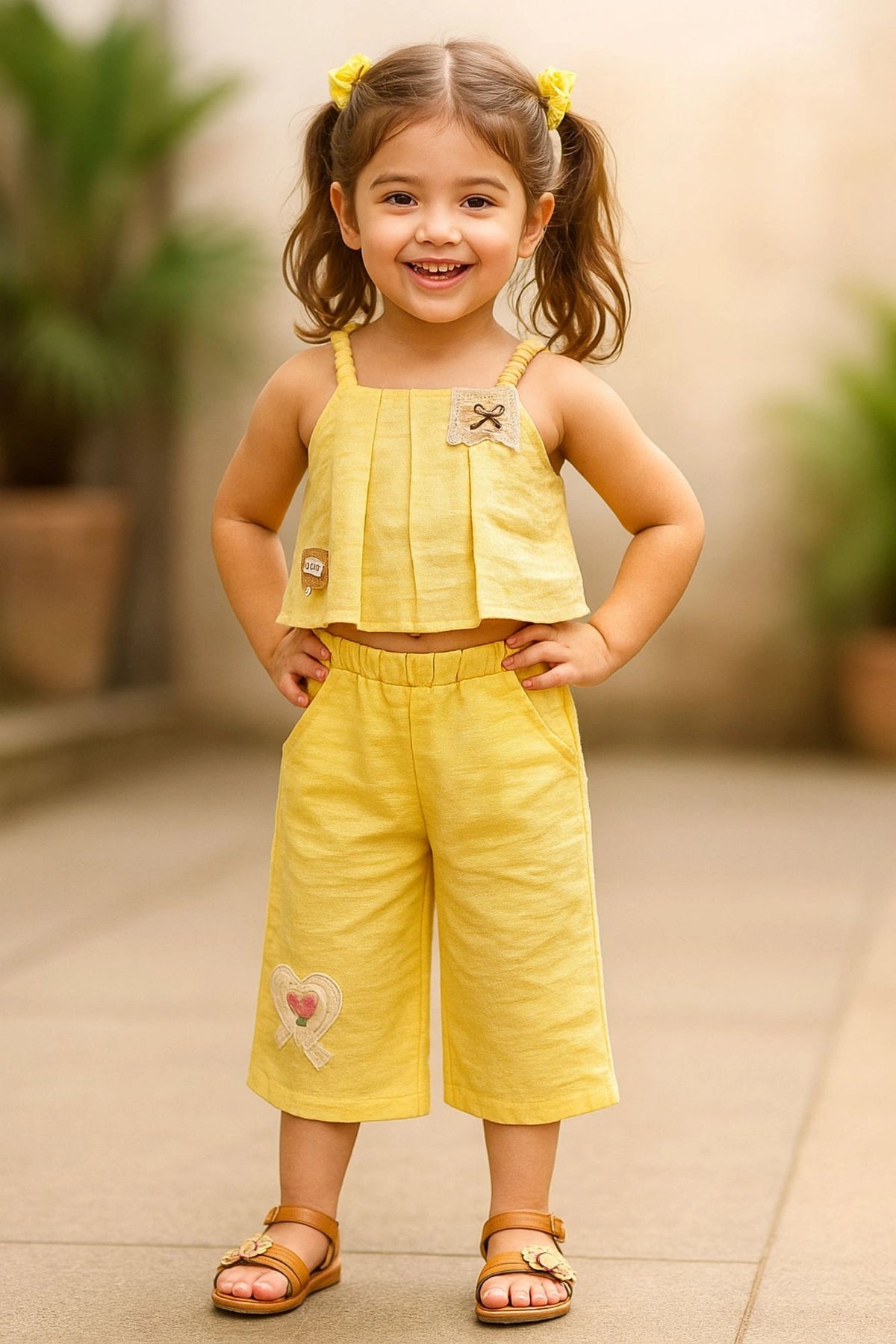 Sunshine Yellow Co-ord Set with Crop Top & Culottes For Girls