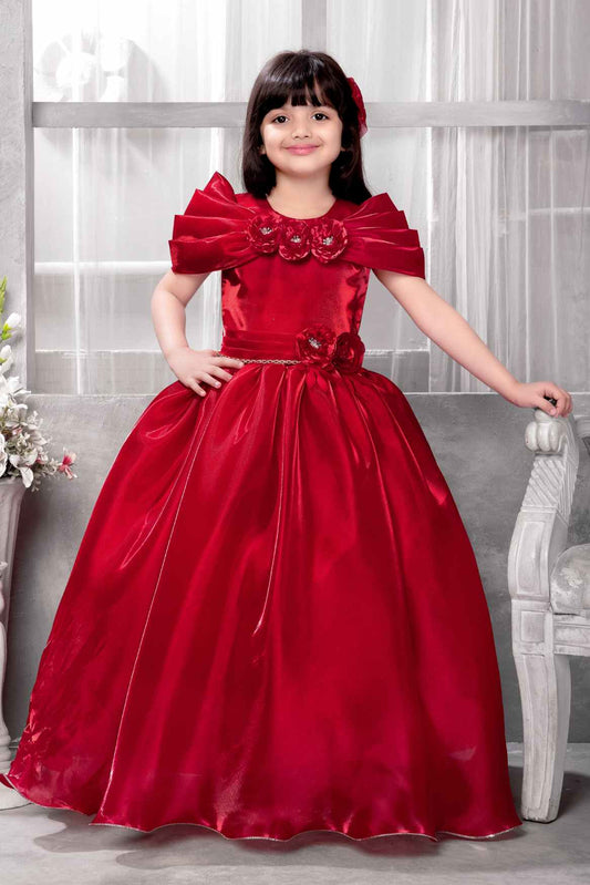 Red Gown With Floral Embellished And Pearl For Girls