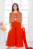 Orange Embroidered Crop Top with Jacket and Palazzo Set For Girls