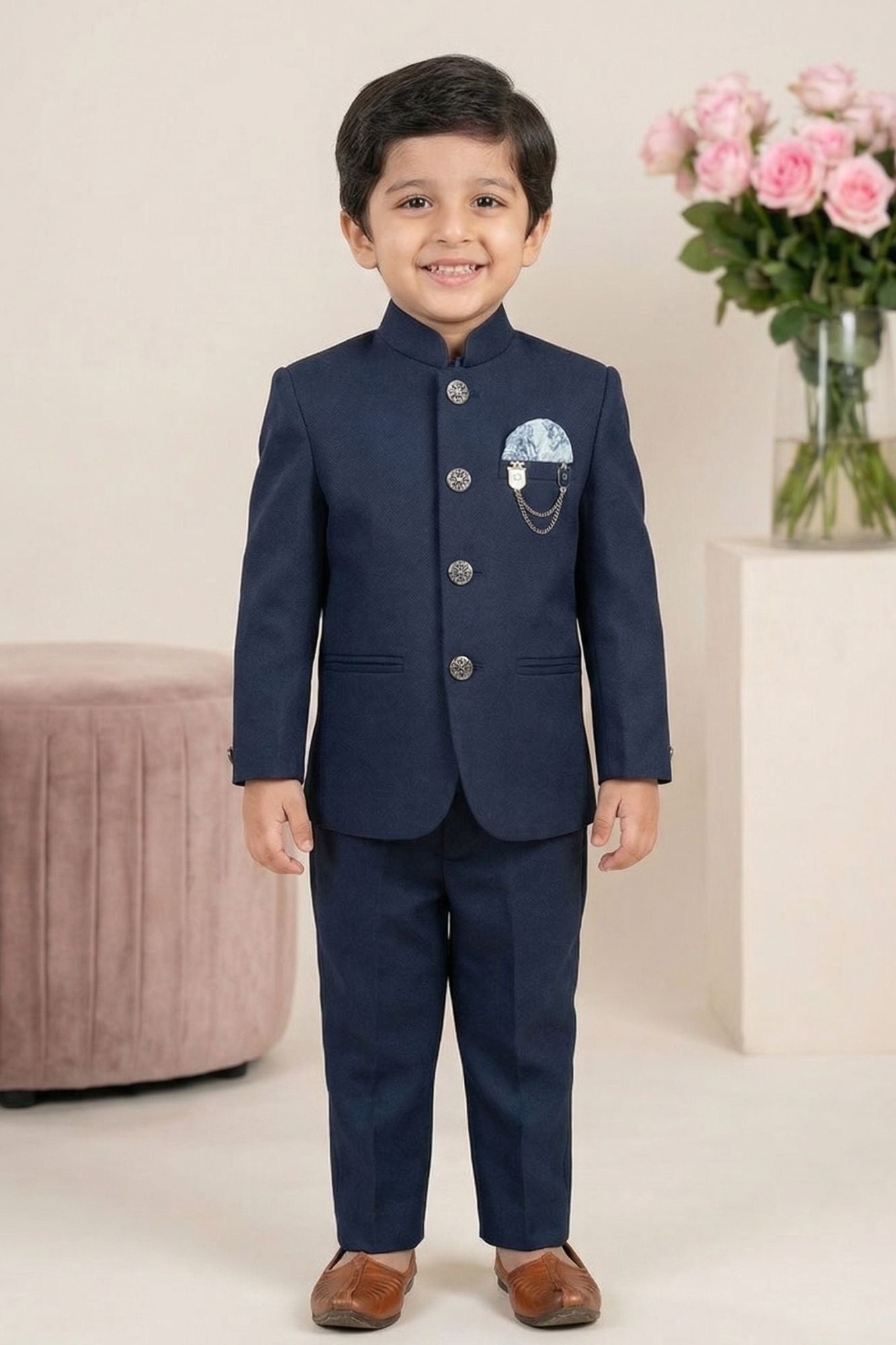 Navy Blue Jodhpuri Suit with Chain Brooch And Pocket Square For Boys