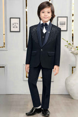 Navy Blue Bead Work Tuxedo With Pant And Waistcoat Set For Boys