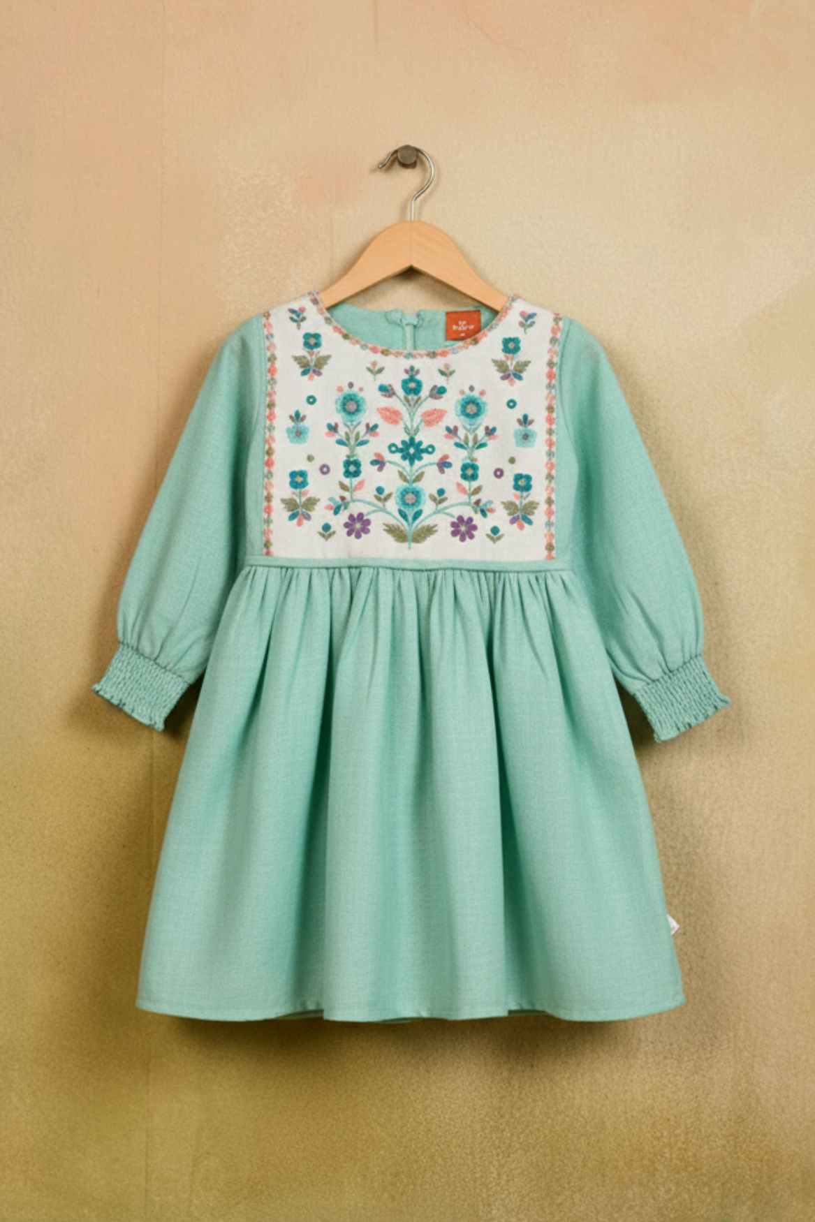 Sea Green Cotton Dress with Multicolor Floral Embroidered Yoke For Girls