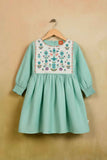 Sea Green Cotton Dress with Multicolor Floral Embroidered Yoke For Girls