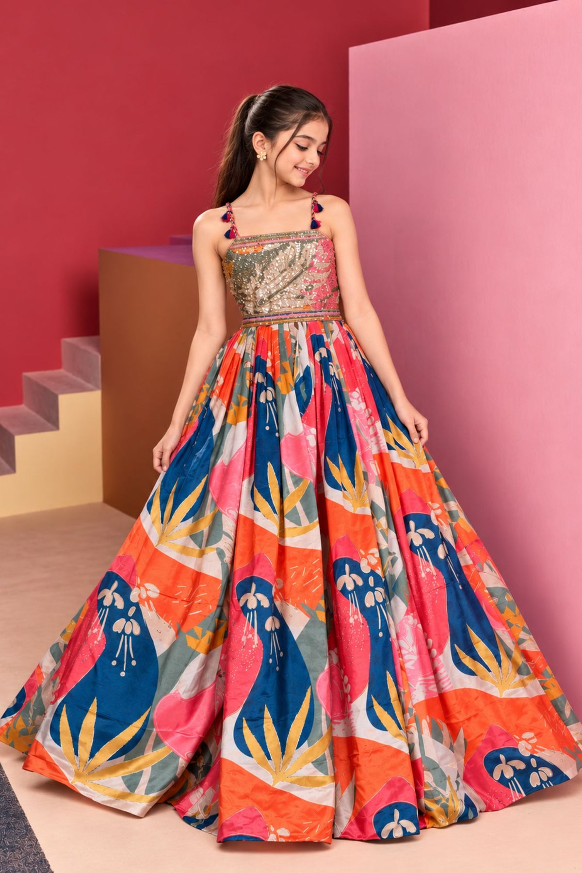 Multicolor Abstract Print Embellished Ethnic Gown For Girls
