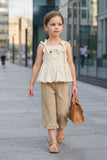 Girls Beige Co-Ord Set – Peplum Top And Wide-Leg Pants