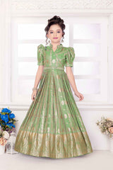 Ethnic Pista Green Puff Sleeves With Mirror Embroidered Gown For Girls