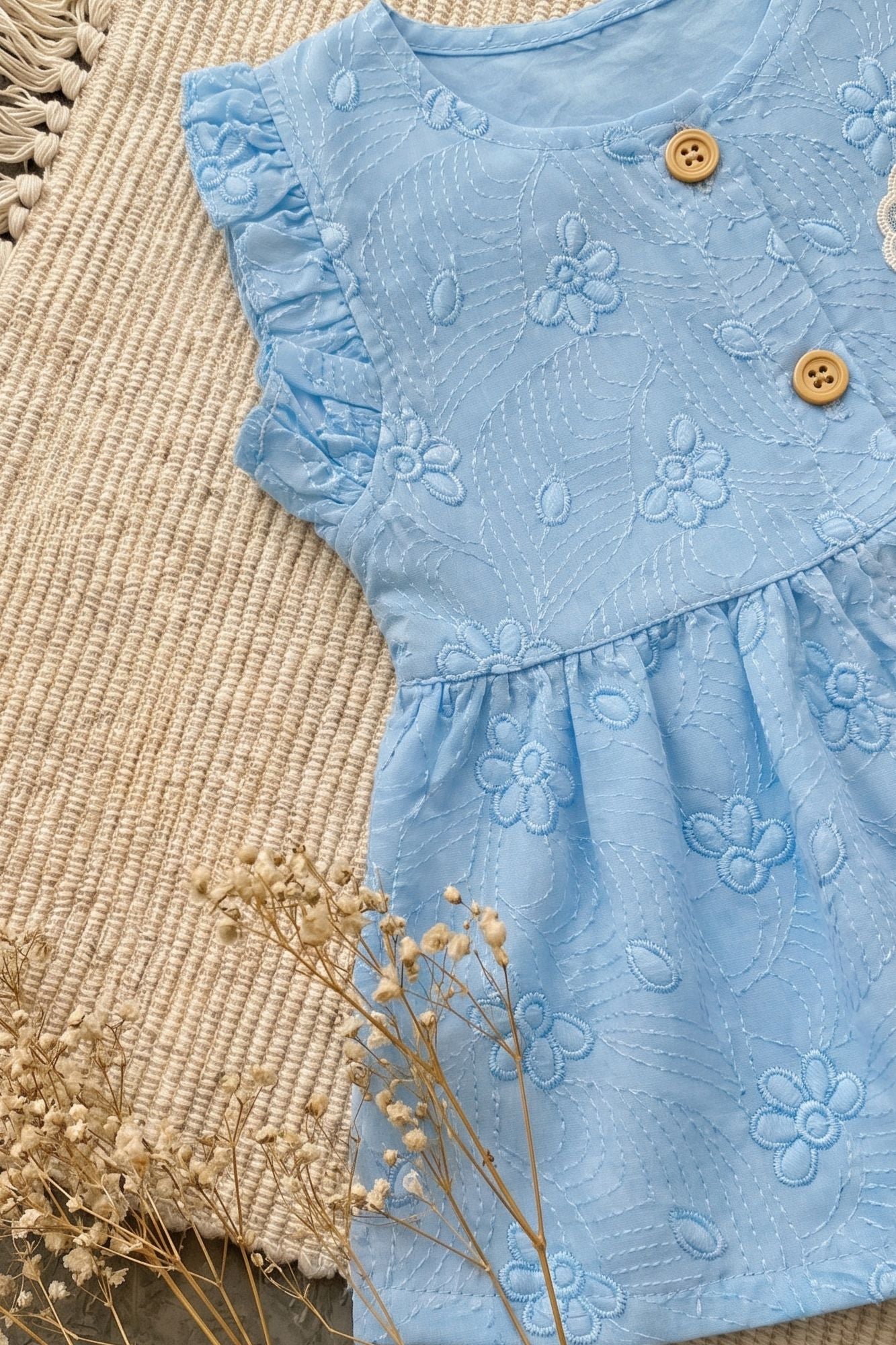Charming Girls Sky Blue Textured Top & Shorts Set with Ruffle Details