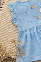 Charming Girls Sky Blue Textured Top & Shorts Set with Ruffle Details