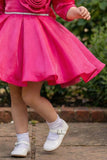 Pink Party Wear Frock with Puffy Sleeves & Statement Rose Appliqué For Girls