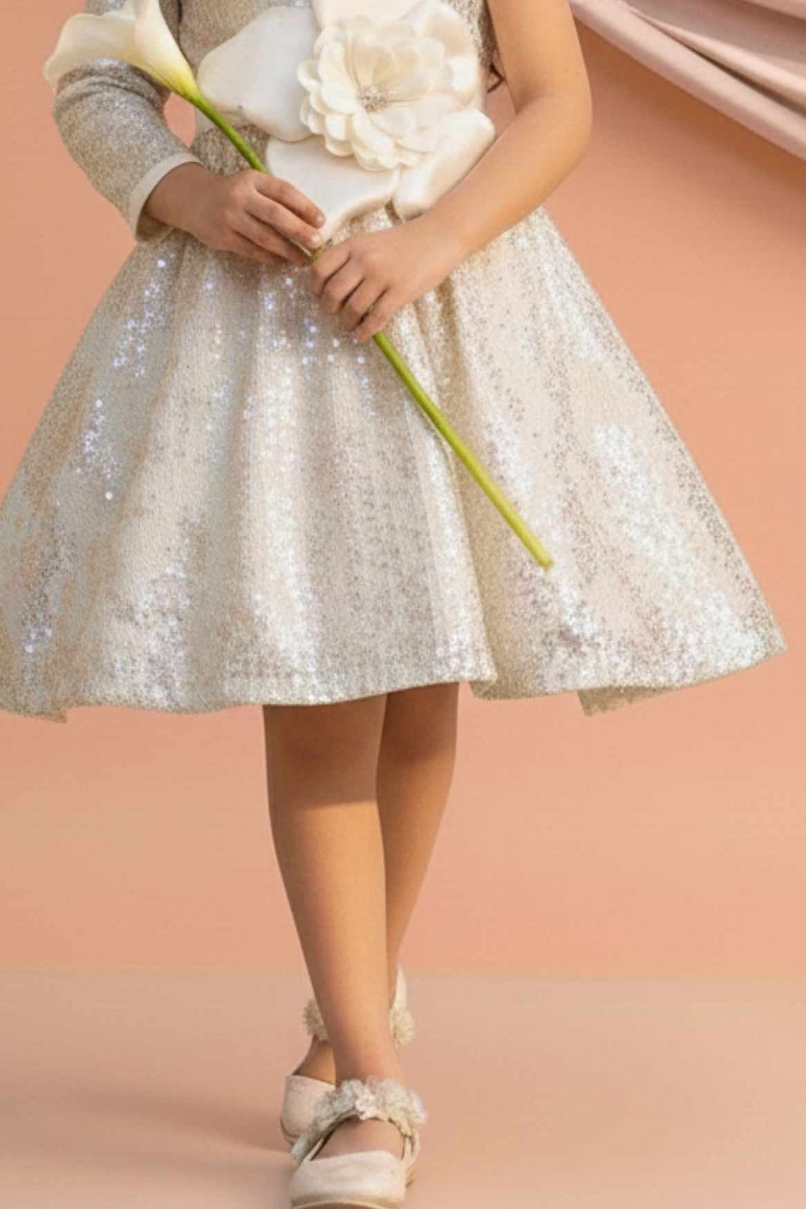 Cream One-Shoulder Sequin Party Frock with 3D Floral Waist Applique For Girls