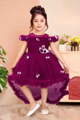 Charming Wine Ruffle Tailback Frock with Floral Embellishments For Girls