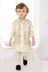 Cream Kurta Set With Embroidered Bandi For Boys