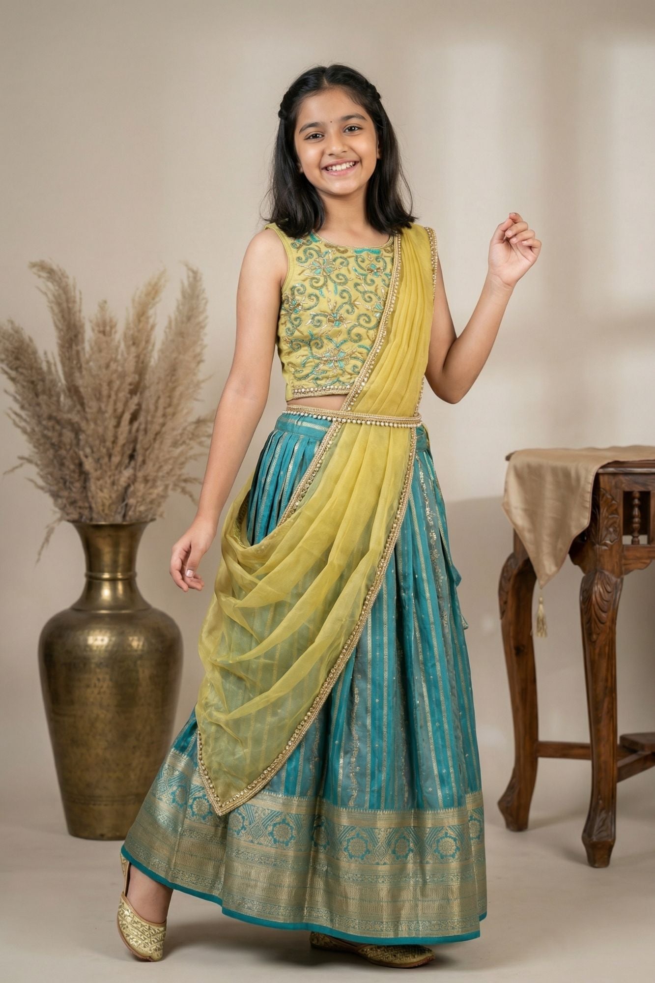 Teal Green And Lime Yellow Embroidered Lehenga Choli Set For Girls