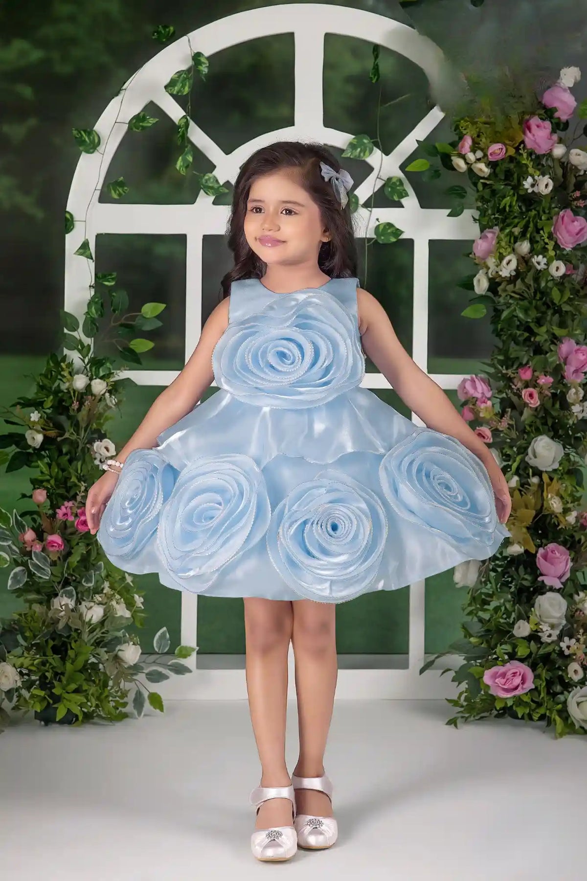 Blooming Princess Ice Blue Rosette Embellished Party Frock For Girls