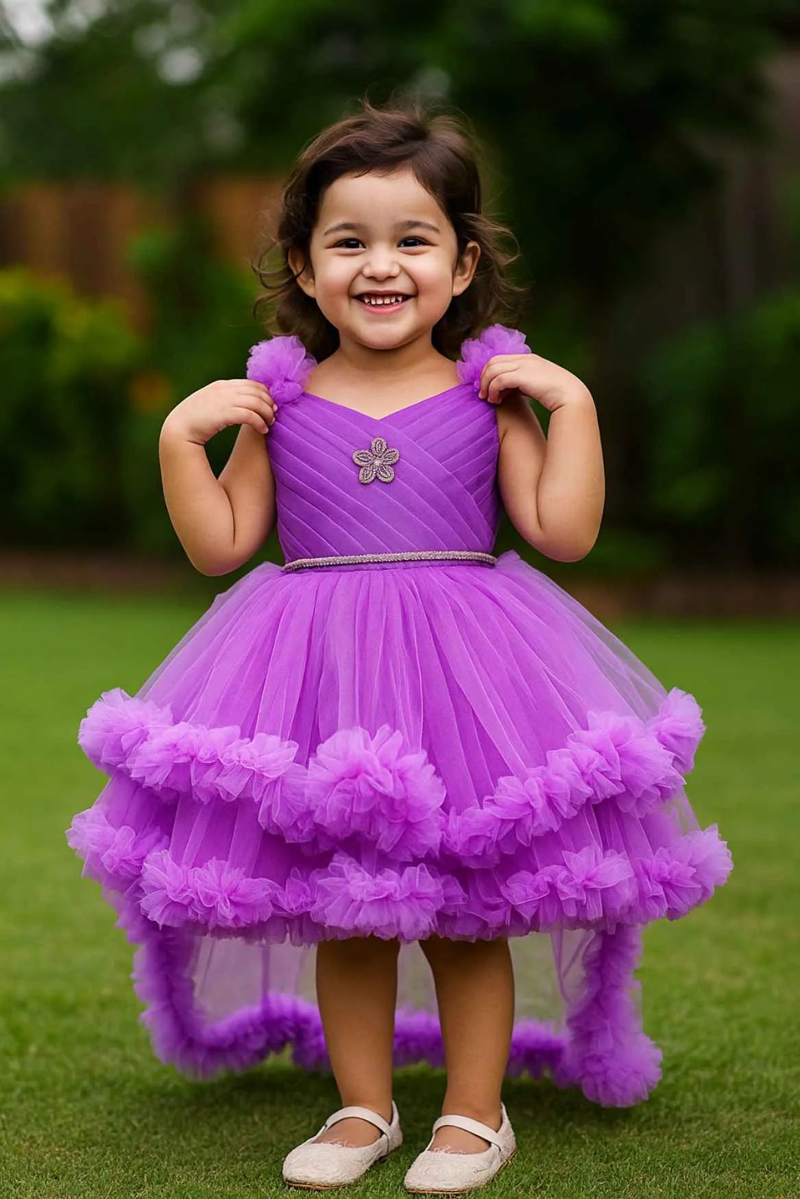 Purple Ruffle Party Frock With Stone Embellished And High-Low Hem For Girls