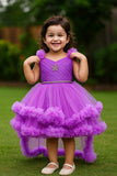 Purple Ruffle Party Frock With Stone Embellished And High-Low Hem For Girls