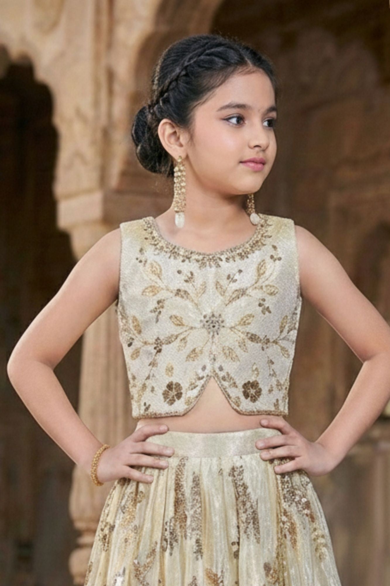 Cream And Gold Embroidered Lehenga Choli Set with Floral Motifs For Girls