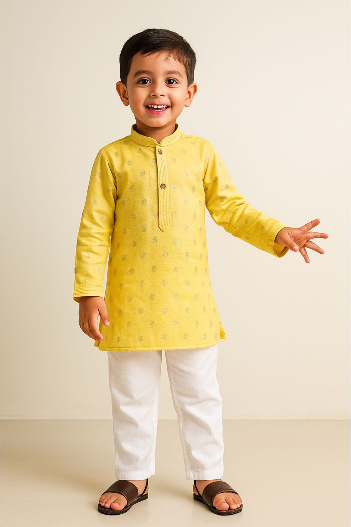 Yellow Printed Kurta Set With White Pants For Boys
