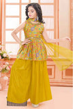 Mustard Yellow Palazzo Set With Embroidered Peplum Top For Girls
