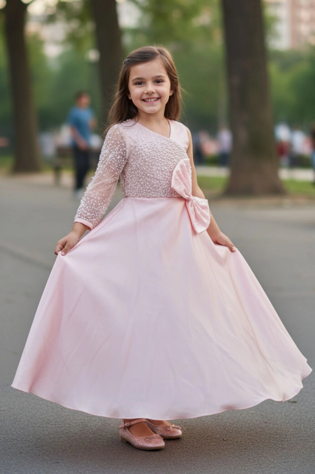 Designer Baby Pink One-Shoulder Pearl Embellished Party Gown