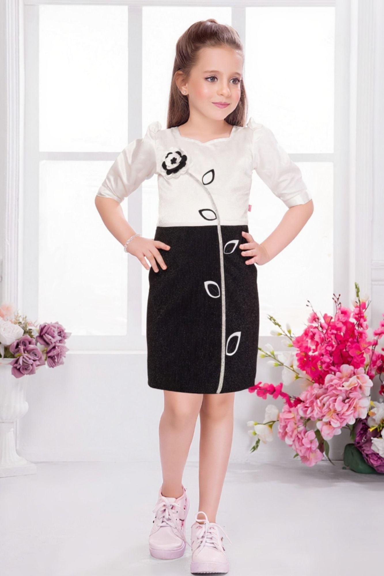 White & Black Contrast Dress with Floral Appliqué For Girls