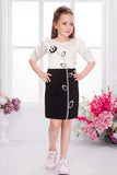 White & Black Contrast Dress with Floral Appliqué For Girls