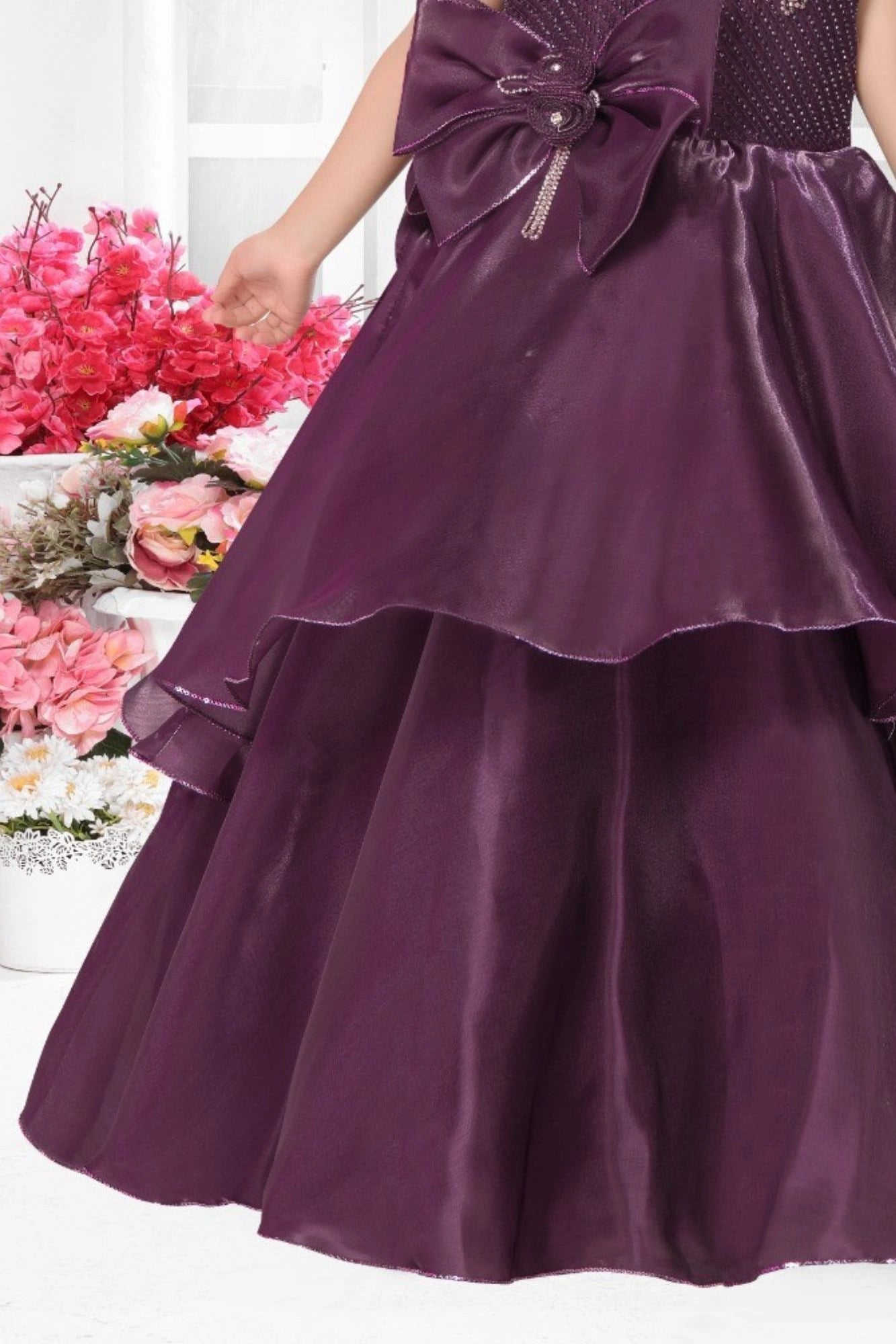 Wine Layered Party Wear Gown with Statement Bow Accents For Girls