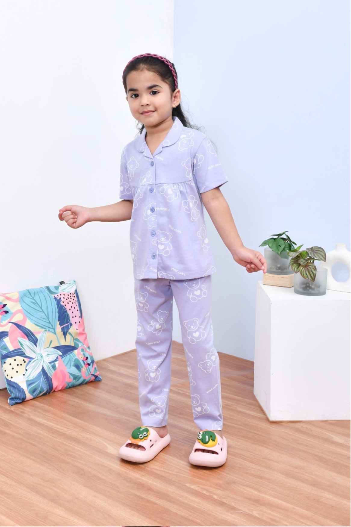 Soft & Stylish Lavender Teddy Bear Printed Night Suit Set for Girls