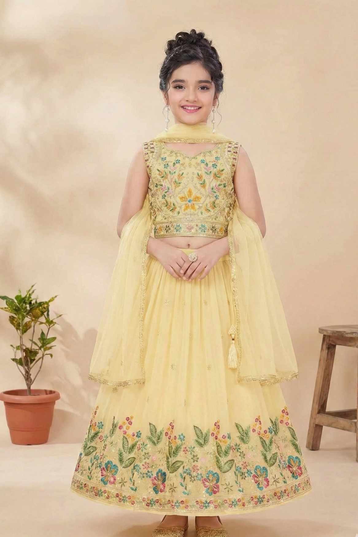 Cream Multicolor Embroidered Lehenga Choli For Girls